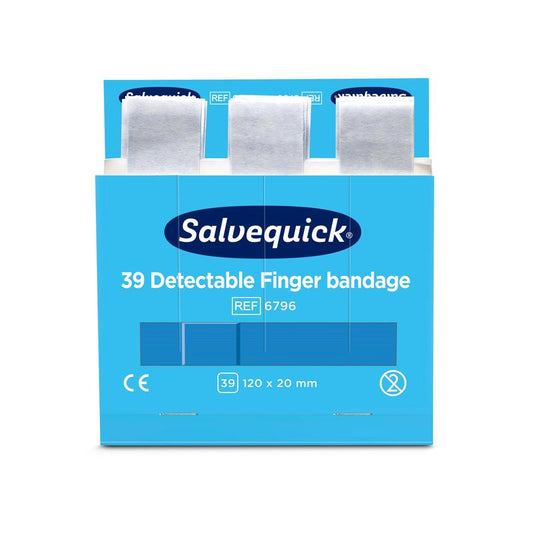 Eine blaue Schachtel mit der Aufschrift "Blaue detektierbare Fingerbandage, 120 x 20 mm, 39 st/mine" von Orkla Wound Care AB, mit drei teilweise herausgezogenen Bandagen. Auf der Schachtel befinden sich Produktinformationen einschließlich CE-Kennzeichnung und Abmessungen. Packung (6 Stück).