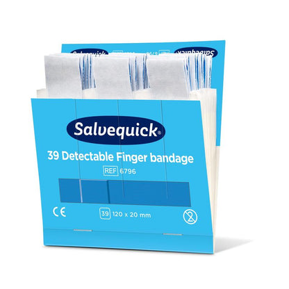 Eine blaue Schachtel mit der Aufschrift "Blaue detektierbare Fingerbandage, 120 x 20 mm, 39 st/mine | Packung (6 Stück)" von Orkla Wound Care AB enthält einzeln verpackte Bandagen und zeigt Größe, Packungsinformationen und regulatorische Symbole.