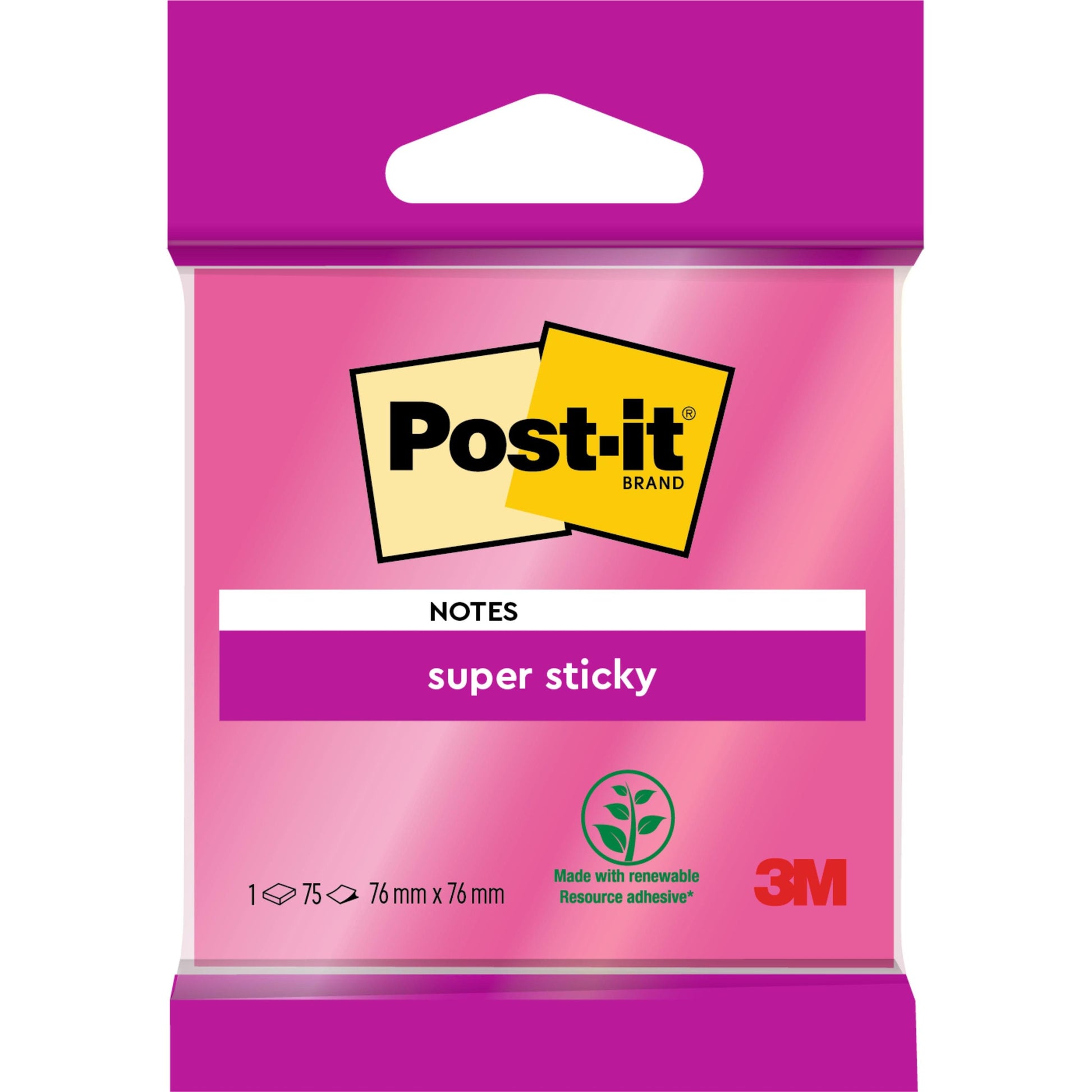 Eine Packung Post-it® Super Sticky Notes 6820S3 (1 Block, 75 Blatt, 76 x 76 mm) in neongrün, neonpink, ultragelb, ultragrün & ultrapink. Mit Umweltzeichen (100% PEFC), Produktdetails und 3M-Logo auf der Vorderseite.