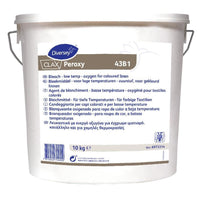 A 10 kg white bucket of Clax Peroxy bleach from Diversey Deutschland GmbH & Co. OHG, an oxygen-based bleach for colored laundry at low temperatures, with a multilingual label and symbols, and a gray handle.