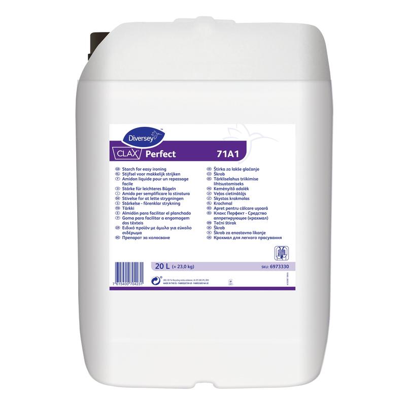 Un conteneur en plastique blanc de 20 litres avec l'inscription "Diversey Deutschland GmbH & Co. OHG Clax Perfect 71A1, Amidon liquide naturel". Idéal pour le nettoyage professionnel des textiles ; l'étiquette contient des informations en plusieurs langues et un code-barres.