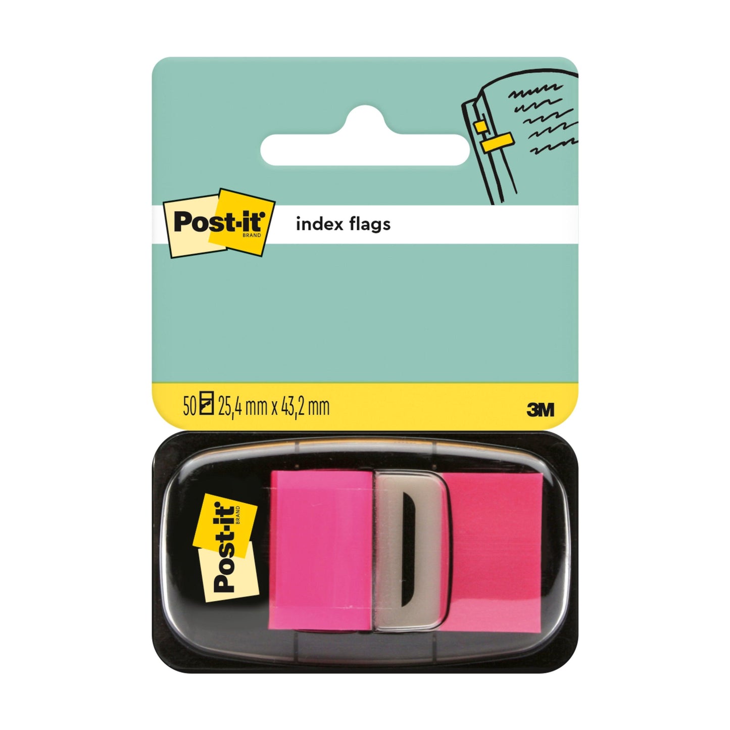 Eine Packung mit 50 Post-it® Index Haftstreifen (25,4 mm x 43,2 mm) von 3M Deutschland GmbH in rosa, mit Produktangaben und dem Post-it® Logo auf der Verpackung.