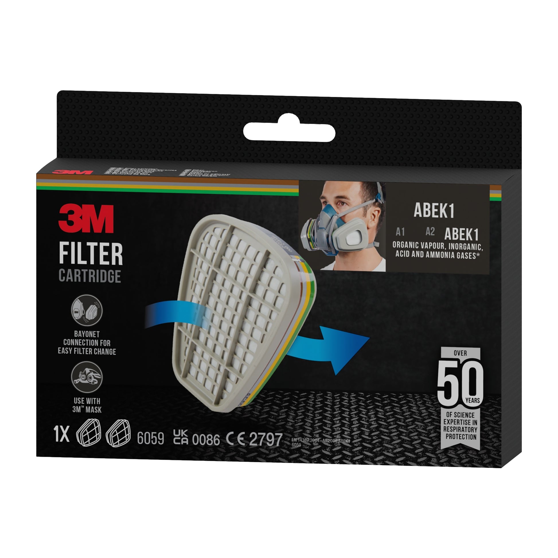 Eine Packung der 3M™ Filterpatrone 6059, ABEK1-Kombinationsfilter (1 Paar), von 3M Deutschland GmbH. Entwickelt für den Schutz vor organischen Dämpfen, anorganischen und sauren Gasen und Ammoniak, gestützt auf über 50 Jahre Erfahrung im Bereich Atemschutz.