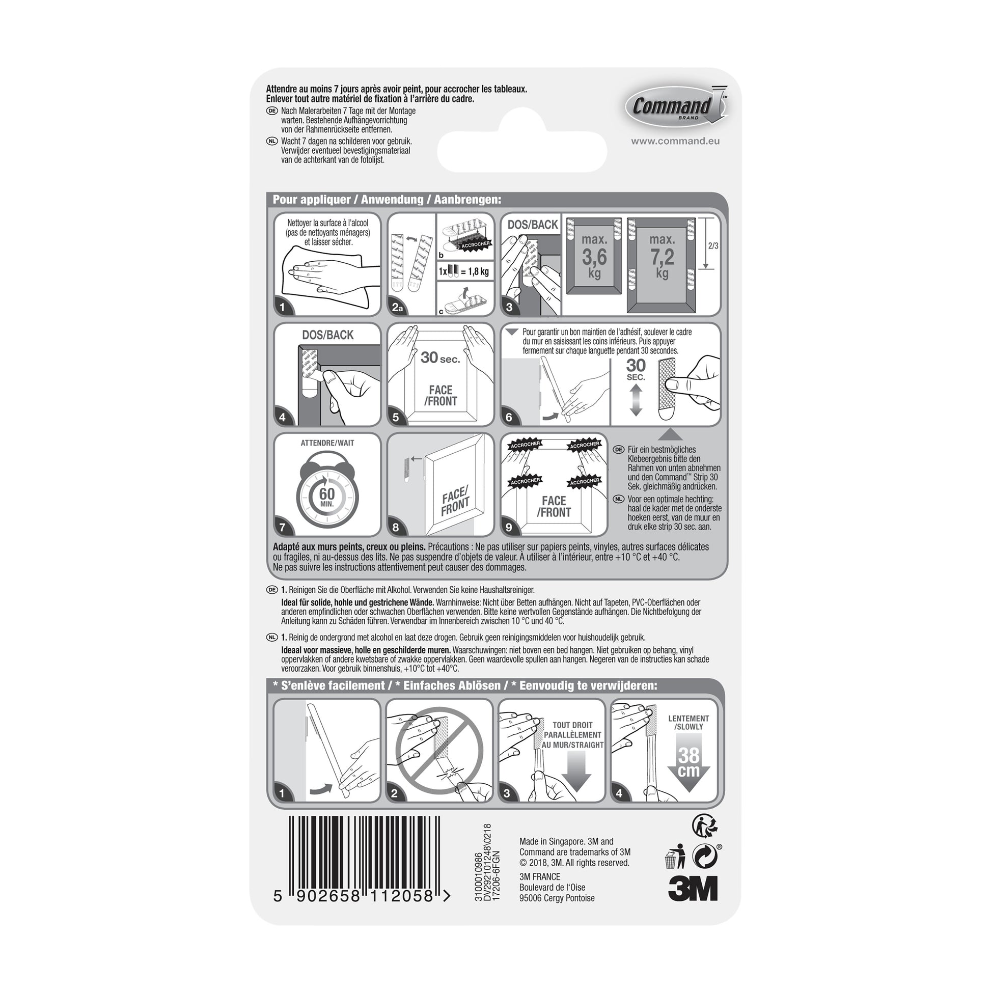 Die Rückseite der Packung 3M Deutschland GmbH Große Command™ Bilder-Montage Strips L, 6 Sets im Vorteilspack (17206-6) zeigt eine bebilderte Schritt-für-Schritt-Anleitung zum Aufhängen, eine mehrsprachige Anleitung und einen Barcode am unteren Rand.