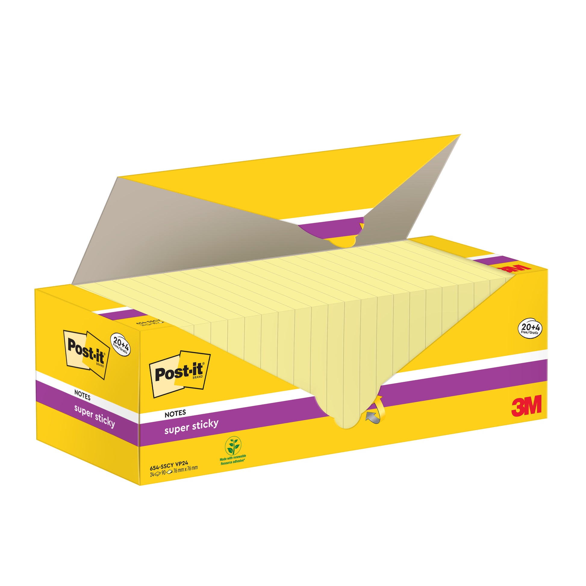 Eine geöffnete gelbe Schachtel Post-it® Super Sticky Notes (76x76 mm, 90 Blatt/Pad, 24 Blöcke, 100% PEFC) der 3M Deutschland GmbH zeigt die Notizblöcke im Inneren mit dem Produktbranding und Details auf der Verpackung.