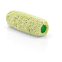 Un rouleau de peinture Nölle Profi Brush en peluche d'agneau de 18 cm, d'une hauteur de poils de 18 mm, fabriqué par Nölle Profi Brush Bürsten- & Pinseltechnik e.K., présentant une texture douce de couleur jaune-vert et un cœur vert, repose sur une surface blanche.