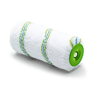 Il rullo jumbo Meisterflor da Ø 55 mm della Nölle Profi Brush, prodotto dalla Nölle Profi Brush Bürsten- & Pinseltechnik e.K., con strisce verdi/blu e anima verde, è raffigurato in bianco: perfetto per le pitture murali e per i pittori professionisti.