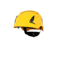 Yellow safety helmet with a black chin strap and side detail, shown from the front against a light-colored background