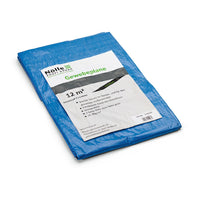 A folded blue fabric tarp with a white-and-green label indicating that it is a 12 m² weatherproof polyethylene tarp, the Nölle Profi Brush Fabric Tarp 80 g/m from Nölle Profi Brush Bürsten- & Pinseltechnik e.K.