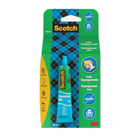 A 30-ml tube of Scotch® clear, solvent-free household adhesive from 3M Deutschland GmbH, packaged in blue and green, suitable for wood, paper, fabric, and cardboard. Clear and solvent-free.