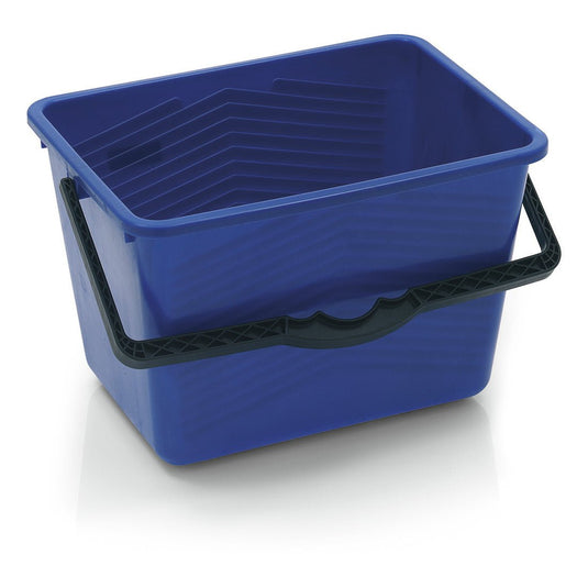 Der Nölle Profi Brush Farbeimer 14 Liter von Nölle Profi Brush Bürsten- & Pinseltechnik e.K. ist ein rechteckiger, blauer Eimer mit schwarzem Griff und seitlichen Rillen - ideal für Malerarbeiten und Renovierungen.