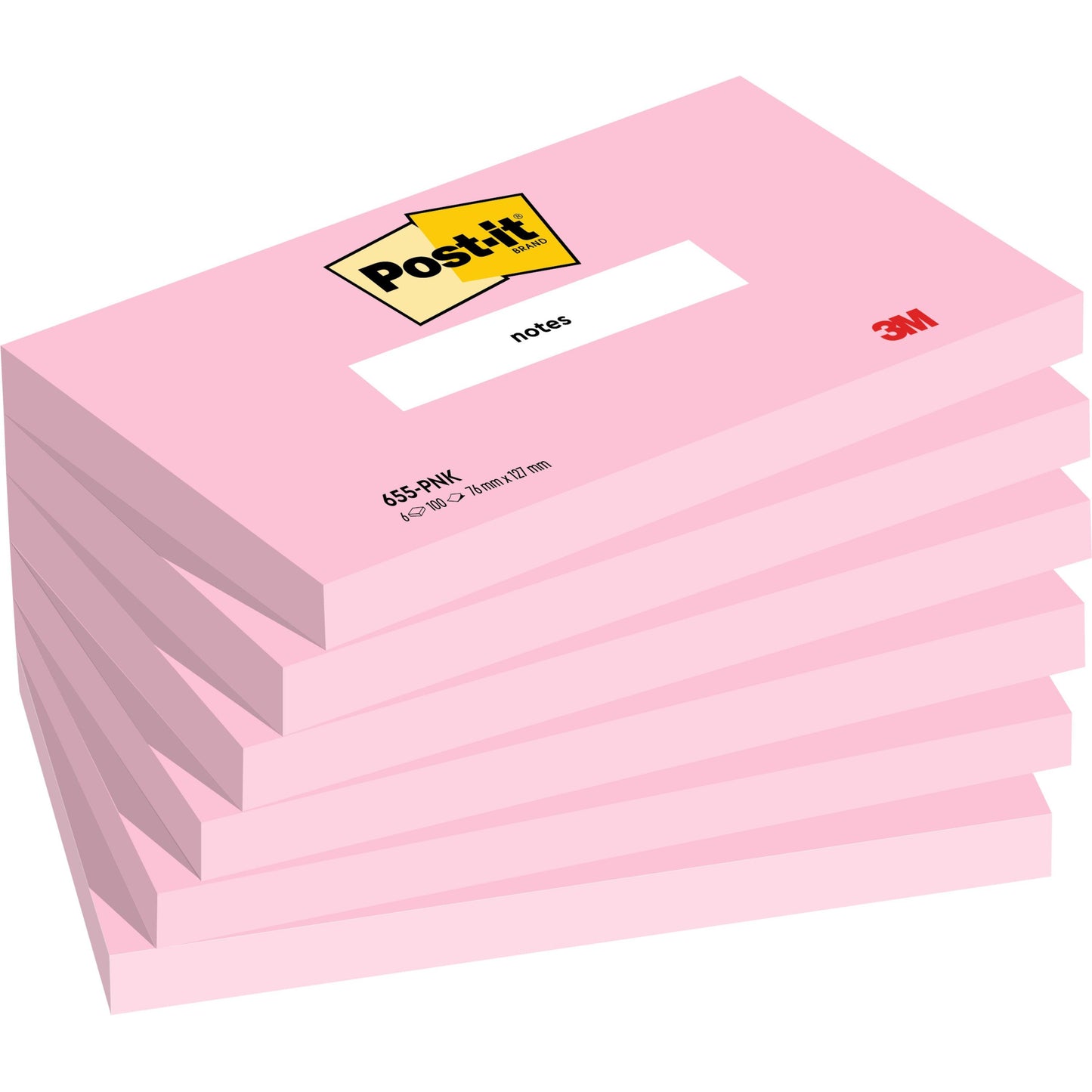 Ein Stapel von sechs rosafarbenen Post-it® Notizzetteln (76 x 127 mm, 100 Blatt/Block, 100% PEFC) der 3M Deutschland GmbH, wobei jeder Block oben das "Post-it"-Logo und unten rechts den Schriftzug "3M" trägt.