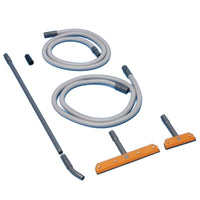 The TASKI vertica Set from Diversey Deutschland GmbH & Co. OHG, a cleaning kit for vertical glass surfaces, includes two gray hoses, metal tubes, a black nozzle, and three floor attachments—ideal for streak-free results.