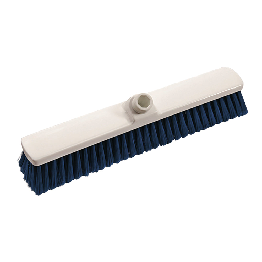 The Diversey Germany indoor broom (400x60x50 mm, soft) features soft blue bristles and a white plastic base with a central threaded hole for handle attachment – perfect for indoor cleaning.