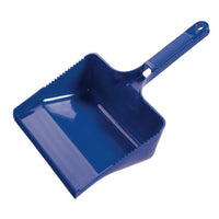 A blue dustpan that matches the plastic hand brooms from Diversey Deutschland GmbH & Co. OHG, featuring a ribbed handle and serrated edges, ideal for cleaning tasks, photographed against a white background.
