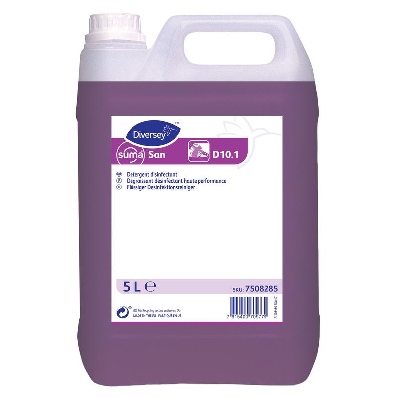 Un bidon de 5 litres de nettoyant désinfectant Suma San D10.1 de Diversey Deutschland GmbH & Co. OHG, avec un liquide violet et une étiquette blanche multilingue - idéal pour l'hygiène dans le secteur de la santé.