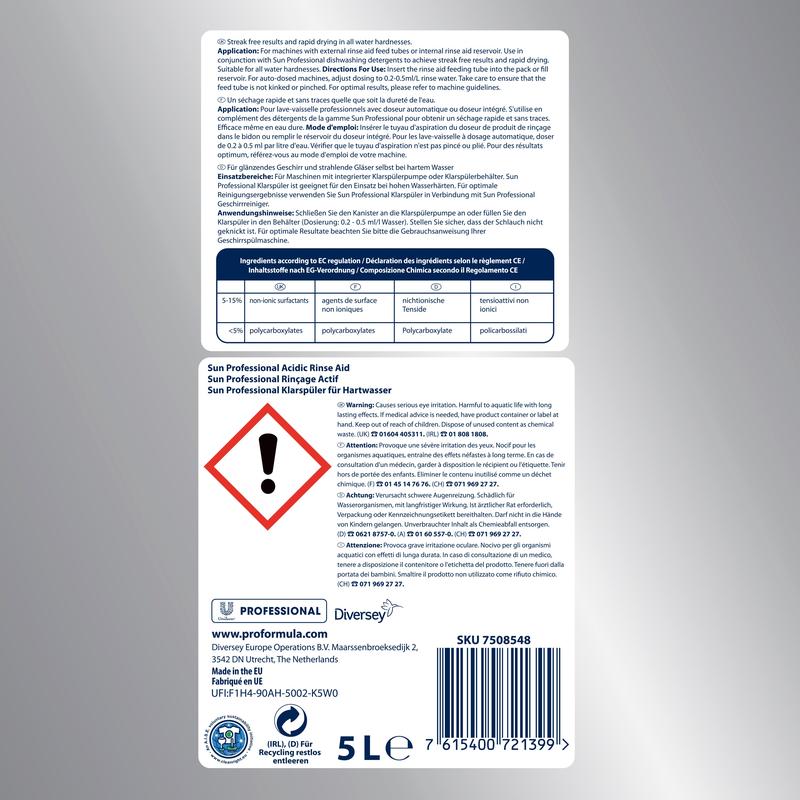Sun Rinse Aid SUN Professional Acidic Rinse Aid – Hard Water 5 l
