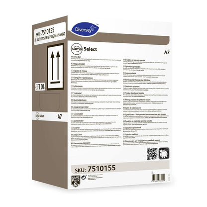 Eine rechteckige Schachtel mit der Aufschrift „Suma Select A7 – Neutraler Klarspüler“ von Diversey Deutschland GmbH & Co. OHG mit Produktdetails, Gebrauchsanweisungen, Sicherheitssymbolen, Barcode, mehrsprachigen Informationen und SKU 7510155.