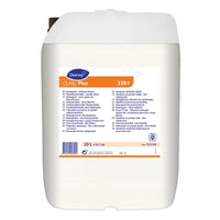 A white 20-liter plastic container of Clax Plus 33B1 liquid laundry detergent without bleach from Diversey Deutschland GmbH & Co. OHG, ideal for commercial laundries, with a blue-and-orange label in multiple languages.