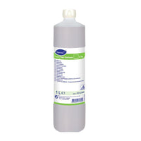 Una bottiglia da 1 litro di TASKI Tapi Defoam, prodotto antischiuma della Diversey Deutschland GmbH & Co. OHG, presenta un tappo bianco e un’etichetta multilingue contenente informazioni sul prodotto e istruzioni per l’uso.