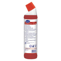 A red-and-white 750-ml bottle of TASKI Sani Clonet toilet cleaner by Diversey, ready-to-use and formulated with citric and sulfamic acids, featuring a tilted spout and a multilingual label.