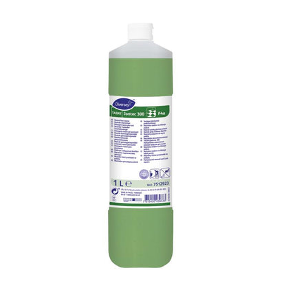 A 1-liter bottle of TASKI Jontec 300 Neutral Floor Maintenance Cleaner from Diversey Deutschland GmbH & Co. OHG with green liquid, white cap, multilingual label, and instructions for streak-free shine on water-resistant surfaces.
