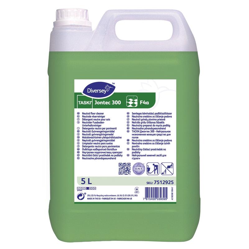 A 5-liter plastic container with TASKI Jontec 300 Neutral Floor Maintenance Cleaner from Diversey Deutschland GmbH & Co. OHG, ideal for water-resistant surfaces. The green liquid, front label, instructions, and barcode are clearly visible.