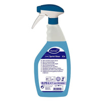 A white-and-blue spray bottle of TASKI Sprint Glass Glass and Surface Cleaner by Diversey Deutschland GmbH & Co. OHG, 0.75 l, for streak-free cleaning, with product information and instructions for use on the label.
