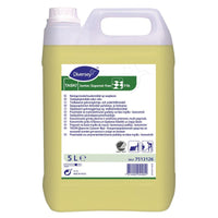 Un bidon de 5 litres de TASKI Jontec Saponet free, produit de nettoyage et d'entretien des sols de la société Diversey Deutschland GmbH & Co. OHG, à base de savon, muni d'un bouchon blanc et d'une étiquette multilingue comportant des symboles indiquant qu'il s'agit d'une formulation à base de savon naturel.