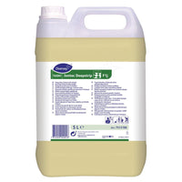 Un bidon de 5 litres de Diversey TASKI Jontec Deepstrip, un nettoyant puissant à base de solvants pour les sols en linoléum, fabriqué par Diversey Deutschland GmbH & Co. OHG, muni d'une poignée et d'un bouchon à vis, avec une étiquette blanche et verte rédigée en plusieurs langues.