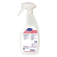 Un flacone spray bianco da 750 ml di Diversey Suma Inox D7.1, emulsione per la cura dell’acciaio inossidabile prodotta da Diversey Deutschland GmbH & Co. OHG, dotato di beccuccio bianco e di un’etichetta rosa-blu con istruzioni multilingue per la pulizia dell’acciaio inossidabile.
