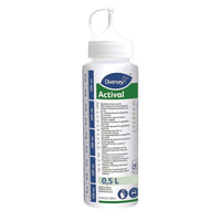 A 0.5-liter Actival dispenser bottle for Diversey Actival by Diversey Deutschland GmbH & Co. OHG, featuring a dosing aid, a multilingual label for removing vegetable oil and grease, and a blue-green design.
