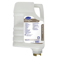 A 4-liter white plastic cartridge of Suma Revoflow Clear A11, an acidic rinse aid from Diversey Deutschland GmbH & Co. OHG, featuring a handle, a spout, and a label with the intended use, instructions for use, and safety information in blue and purple text.