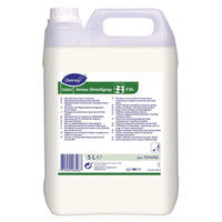 Un bidon de 5 litres en plastique blanc de la marque TASKI Jontec OmniSpray, commercialisé par Diversey Deutschland GmbH & Co. OHG, un produit de nettoyage et d'entretien destiné aux monobrosses à partir de 300 tr/min, muni d'une poignée, d'un bouchon à vis et d'une étiquette frontale indiquant les informations sur le produit et la référence (SKU).