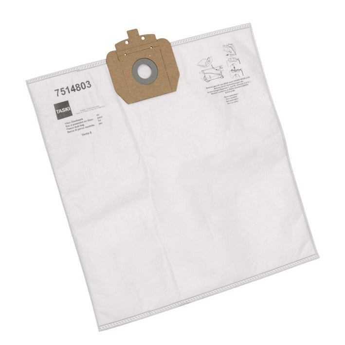 Il sacchetto per aspirapolvere in tessuto non tessuto Vento 8 della Diversey Deutschland GmbH & Co. OHG è un sacchetto per aspirapolvere bianco con colletto di cartone e apertura circolare, stampato sul davanti con testo e immagini, e realizzato con materiali altamente efficienti per una raccolta ottimale della polvere.