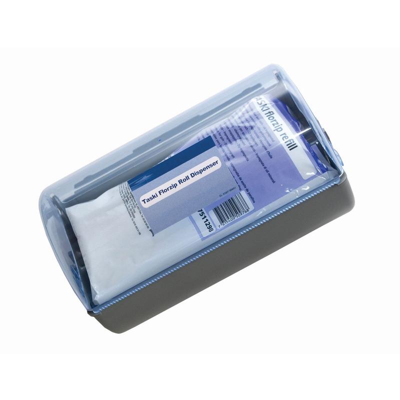 Il dispenser TASKI Florzip 65 di Diversey Deutschland GmbH & Co. OHG è un dispenser in plastica montato a parete con coperchio trasparente e base grigia, fornito con 150 salviette bianche impregnate d'olio (65 x 25 cm) per la pulizia.