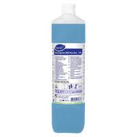 A 1-liter plastic bottle of TASKI Sprint 200 Pur-Eco Alcohol Cleaner by Diversey Deutschland GmbH & Co. OHG, containing blue liquid, with a white cap and a white label featuring product details and instructions in multiple languages.