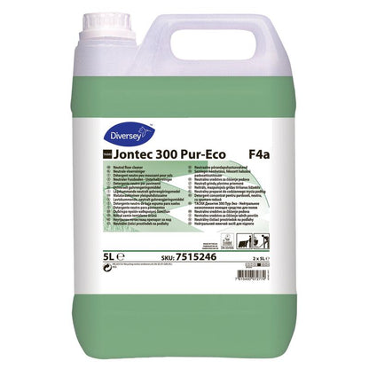 A 5-liter plastic container of TASKI Jontec 300 Neutral Floor Maintenance Cleaner from Diversey Deutschland GmbH & Co. OHG, with green liquid and a front label for streak-free shine on water-resistant surfaces.
