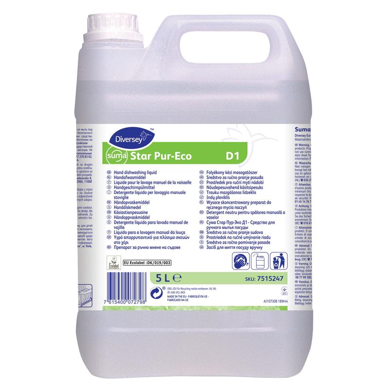 Un bidon de 5L de liquide vaisselle Diversey Suma Star Pur-Eco D1 de Diversey Deutschland GmbH & Co. OHG, avec une poignée et une étiquette blanche contenant des informations sur le produit, des instructions et des logos multilingues; biodégradable et respectueux de l'environnement.