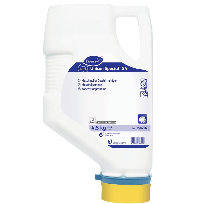 Eine 4,5 kg schwere weiße Kunststoffkartusche mit Diversey Suma Unison Special G4, einem phosphat- und chlorfreien Maschinengeschirrspülmittel für mittelhartes bis hartes Wasser, von Diversey Deutschland GmbH & Co. OHG.