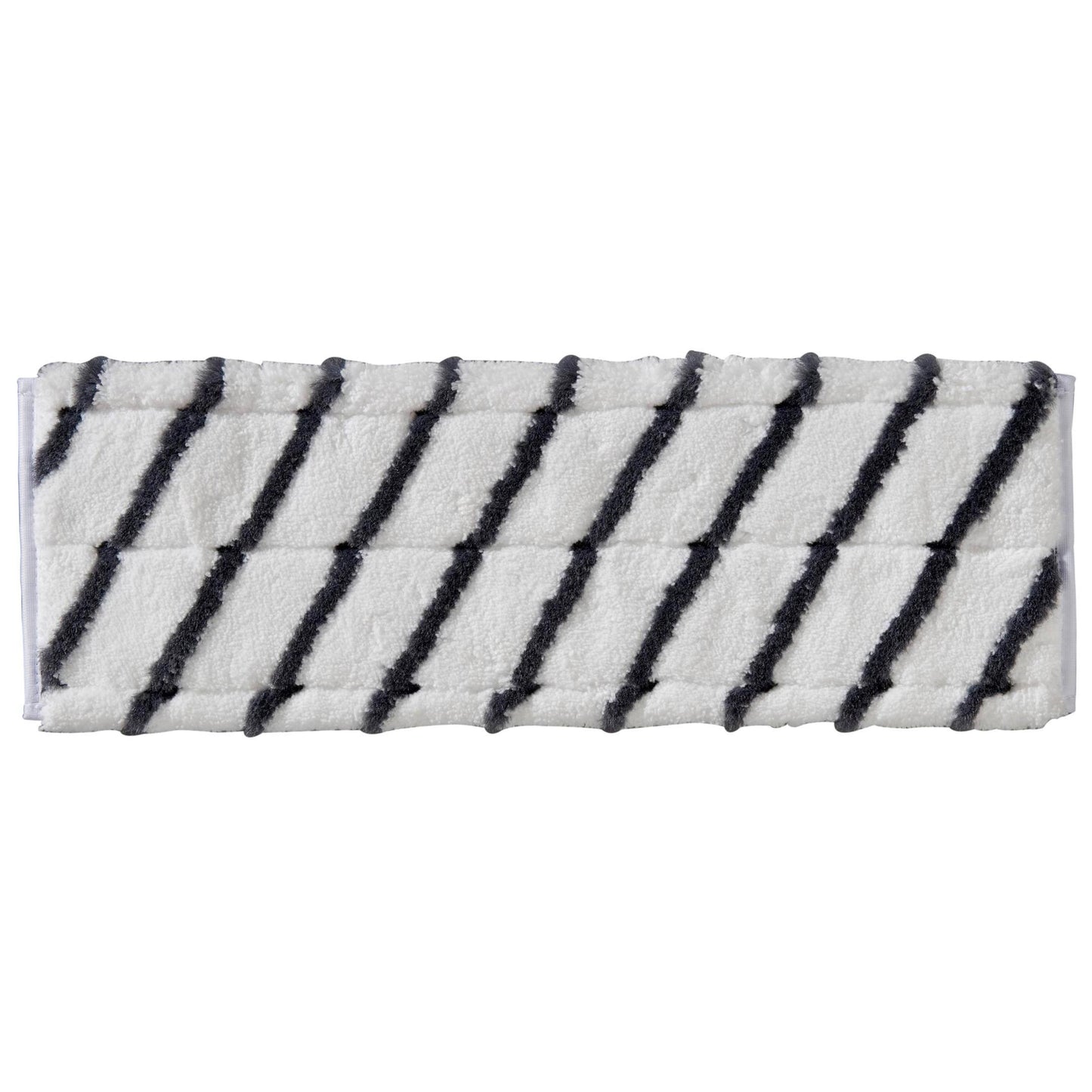 Der TASKI MicroEasy Scouring Mop von Diversey Deutschland GmbH & Co. OHG ist ein rechteckiges weißes Pad mit diagonalen schwarzen Streifen, ideal zur Fliesenreinigung und Entfernung stark haftender Verschmutzungen. Karton mit 5 Packungen.