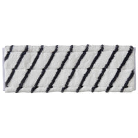 Der TASKI MicroEasy Scouring Mop von Diversey Deutschland GmbH & Co. OHG ist ein rechteckiges weißes Pad mit diagonalen schwarzen Streifen, ideal zur Fliesenreinigung und Entfernung stark haftender Verschmutzungen. Karton mit 5 Packungen.