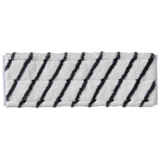 Der TASKI MicroEasy Scouring Mop von Diversey Deutschland GmbH & Co. OHG ist ein rechteckiges weißes Pad mit diagonalen schwarzen Streifen, ideal zur Fliesenreinigung und Entfernung stark haftender Verschmutzungen. Karton mit 5 Packungen.