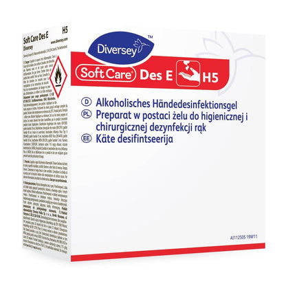 Boîte de Diversey Deutschland GmbH & Co. OHG Soft Care Des E H5, désinfectant pour les mains en gel listé par le VAH, avec mode d'emploi en allemand, polonais et estonien, symboles de danger et instructions d'application pour un nettoyage efficace.