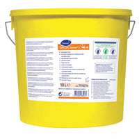 Grand seau en plastique jaune muni d'une poignée métallique et portant l'inscription « Soft Care Reinol S Pâte pour le lavage des mains » de la société Diversey Deutschland GmbH & Co. OHG, 10 litres, avec mode d'emploi et consignes de sécurité, idéal pour l'élimination industrielle des salissures.
