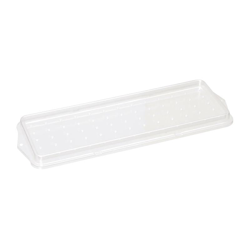 Le tamis de préparation TASKI pour boîtes à mop de Diversey Deutschland GmbH & Co. OHG est un couvercle en plastique transparent et rectangulaire avec des bords surélevés et des irrégularités de surface, photographié sur fond blanc - parfait pour un processus de nettoyage optimisé.