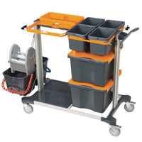 The TASKI Midi Trolley Wet from Diversey Germany is a top-of-the-line system for professional wet cleaning with flat and Kentucky mop pads, equipped with four wheels, color-coded containers, a caddy with tools, and compartments for organized storage.