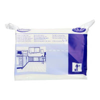 Un paquet de lingettes d'hygiène de cuisine Suma Lavette avec traitement antibactérien, commercialisé par Diversey Deutschland GmbH & Co. OHG, présente sur le recto un motif bleu et blanc, une illustration de cuisine, le logo de la marque, les avantages en matière d'hygiène et des consignes d'élimination.