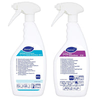 La photo montre deux flacons vides blancs destinés aux produits Suma SmartDose D2.3 et Suma Bac D10 (750 ml, Diversey Allemagne), munis d'étiquettes bleues et d'instructions claires ; à gauche, le D2.3, à droite, le Bac D10. Le carton contient 6 flacons accompagnés d'étiquettes correspondantes.