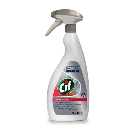 Un flacone spray bianco da 750 ml di detergente per il bagno Cif Professional della Diversey Deutschland GmbH & Co. OHG, con beccuccio grigio ed etichetta, con formula 2 in 1 (pulizia e decalcificazione) per un'efficace azione contro il calcare e per la pulizia del bagno.